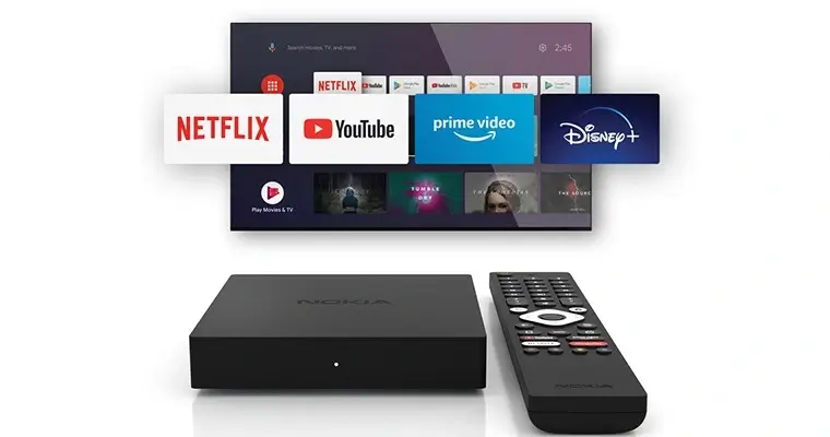 Imagem da TV Box da Nokia mostrando os serviços de streaming mais populares como netflix, youtube, prime e disney plus.